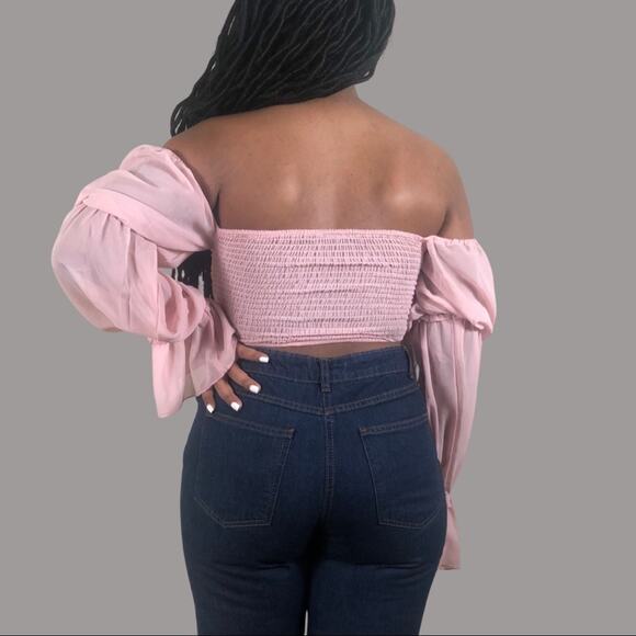 NWT Parisian Off Shoulder Ruched Sheer Top Womens 10 Pink Romantic Coquette - Picture 4 of 7